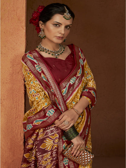 Ikat Printed Zari Border Silk Saree (Pre-Order)