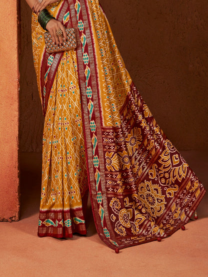 Ikat Printed Zari Border Silk Saree (Pre-Order)