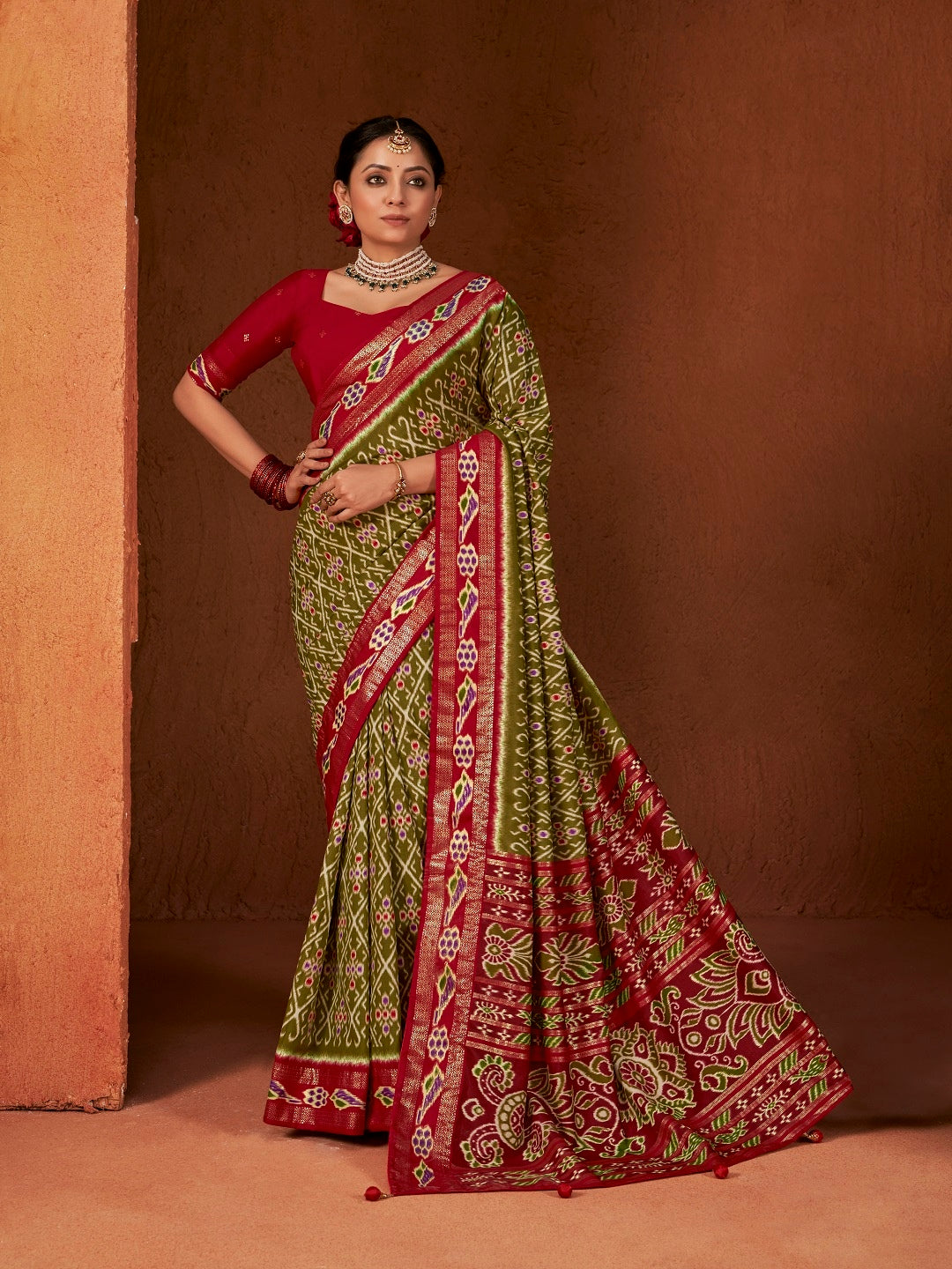 Ikat Printed Zari Border Silk Saree