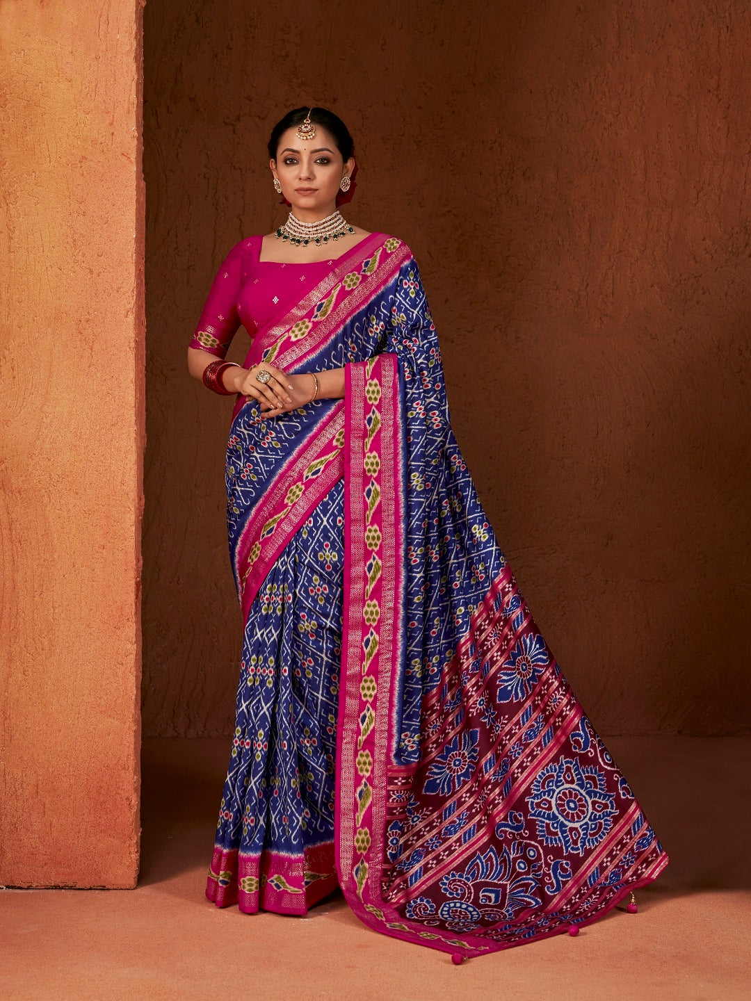 Ikat Printed Zari Border Silk Saree (Pre-Order)