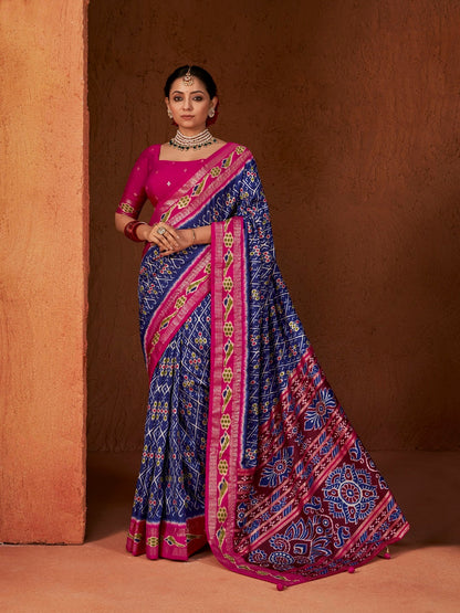Ikat Printed Zari Border Silk Saree (Pre-Order)