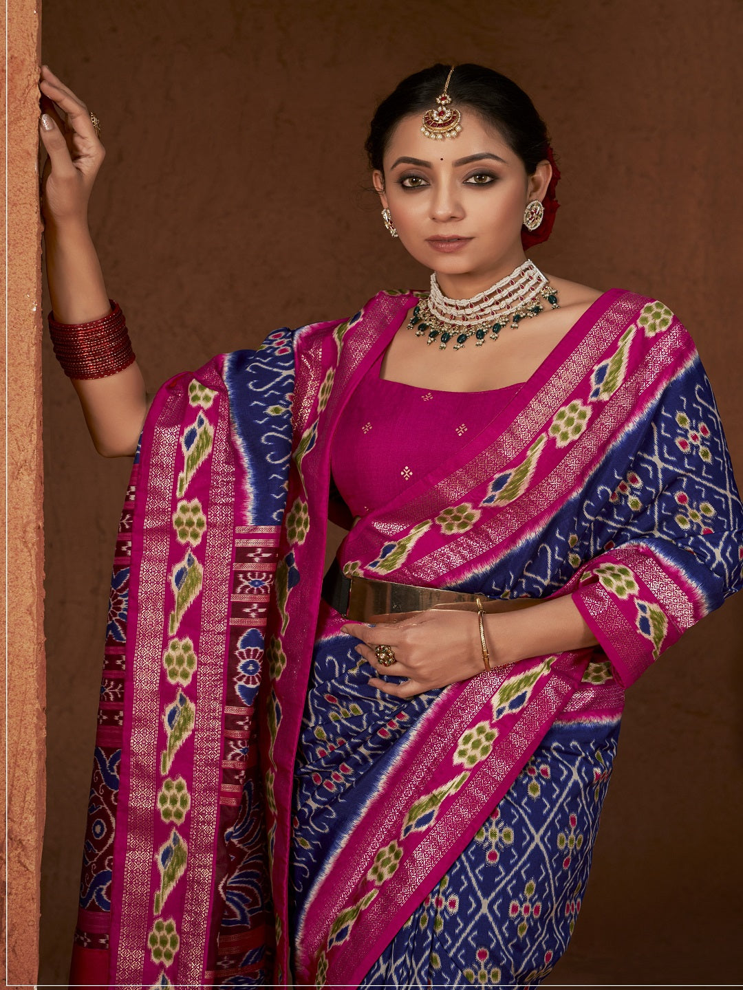 Ikat Printed Zari Border Silk Saree (Pre-Order)