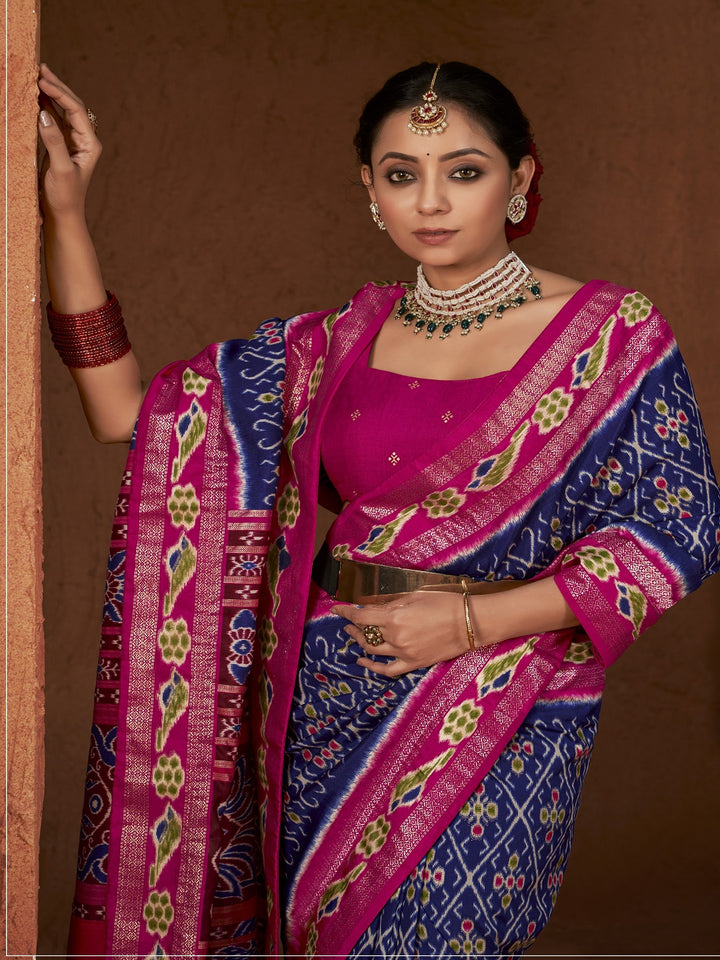 Ikat Printed Zari Border Silk Saree