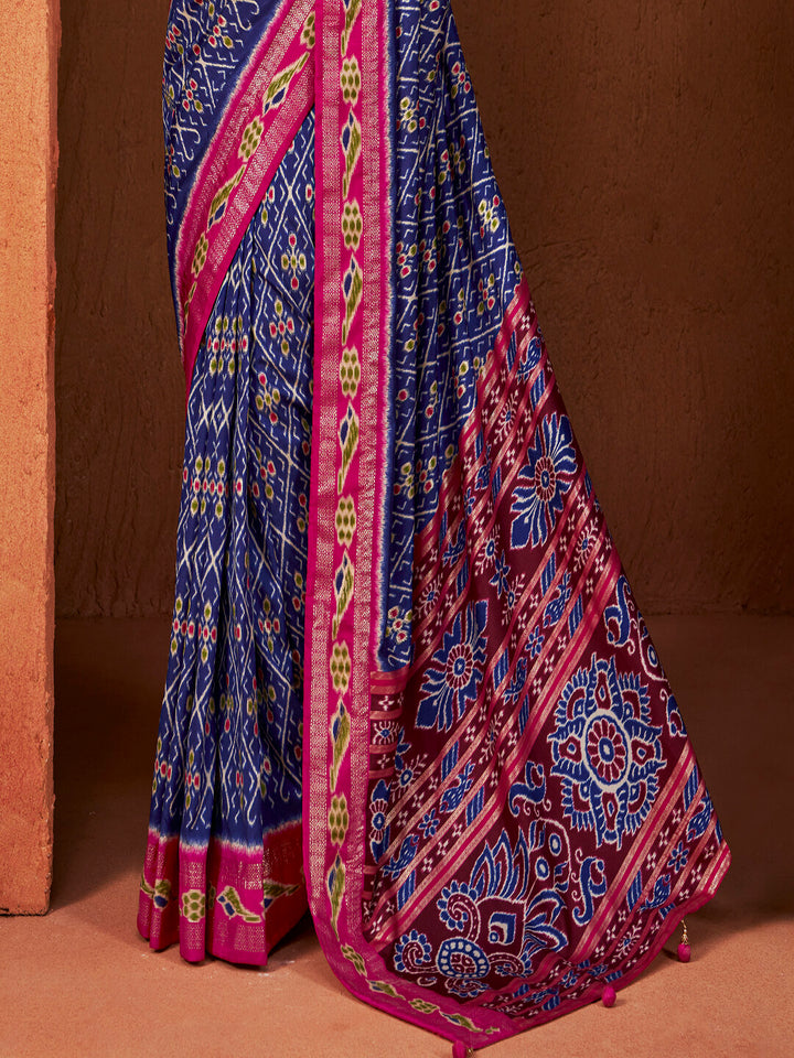 Ikat Printed Zari Border Silk Saree