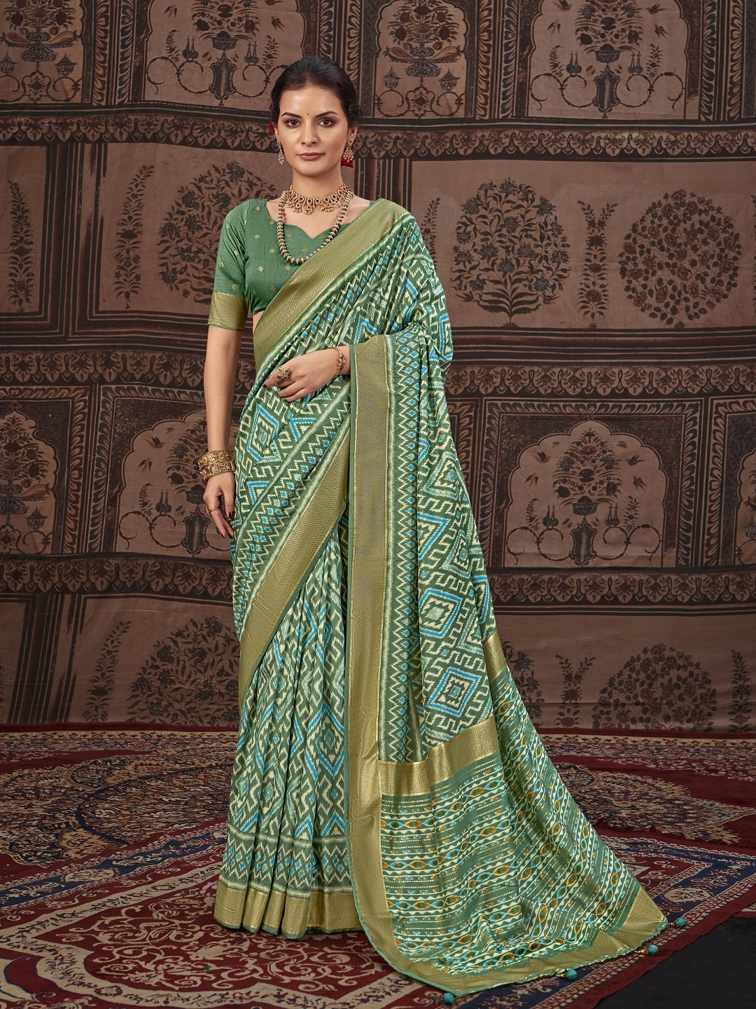 Geometric Printed Zari Border Silk Saree (Pre-Order)