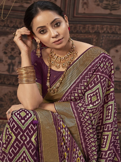 Geometric Printed Zari Border Silk Saree