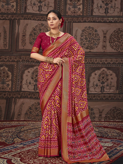 Geometric Printed Zari Border Silk Saree