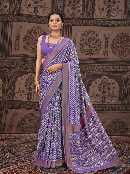 Geometric Printed Zari Border Silk Saree (Pre-Order)
