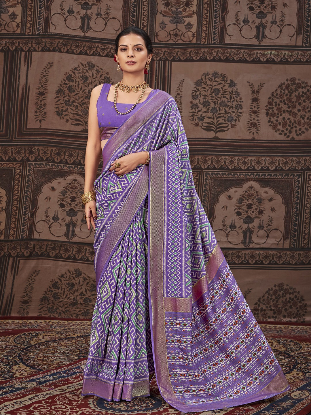 Geometric Printed Zari Border Silk Saree