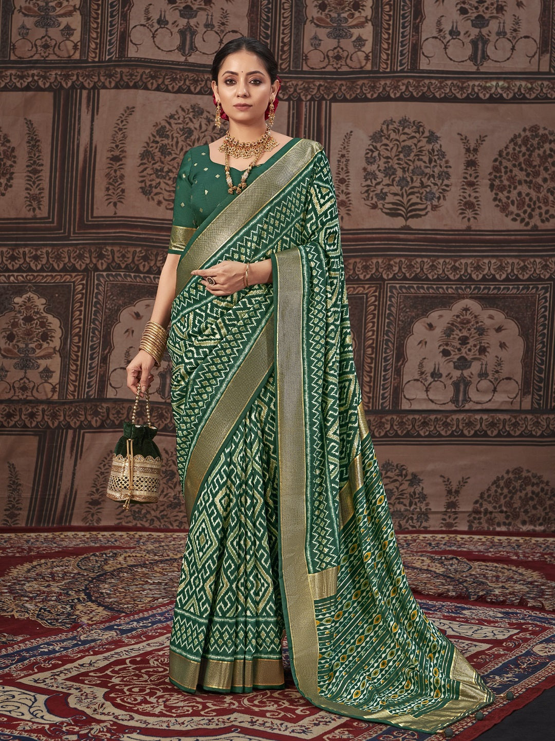 Geometric Printed Zari Border Silk Saree