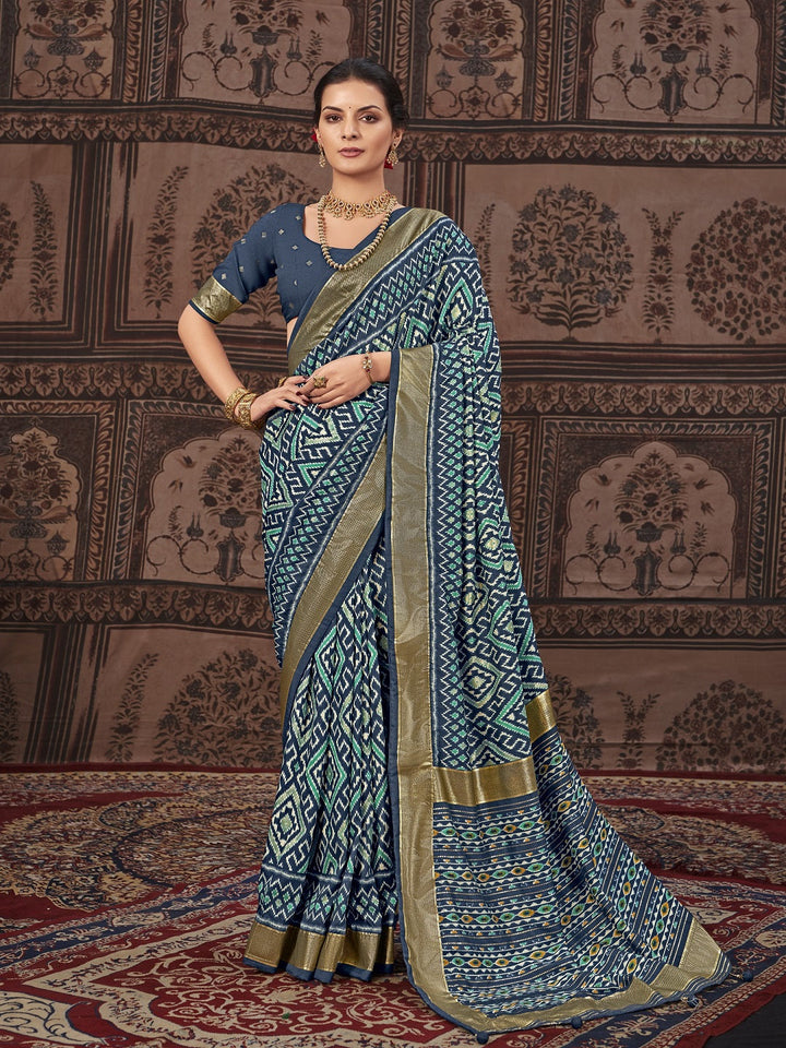 Geometric Printed Zari Border Silk Saree