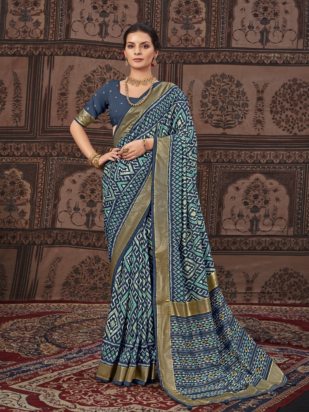 Geometric Printed Zari Border Silk Saree (Pre-Order)
