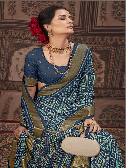 Geometric Printed Zari Border Silk Saree