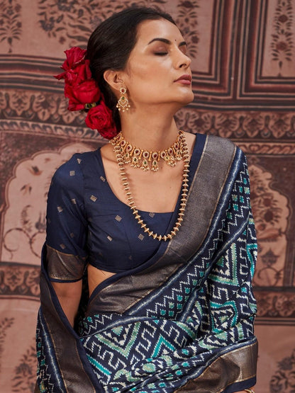 Geometric Printed Zari Border Silk Saree