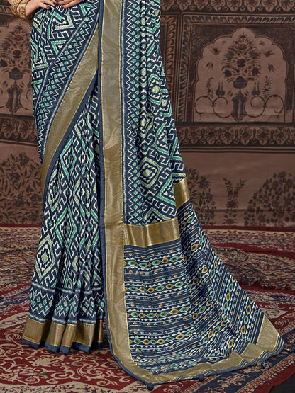 Geometric Printed Zari Border Silk Saree (Pre-Order)