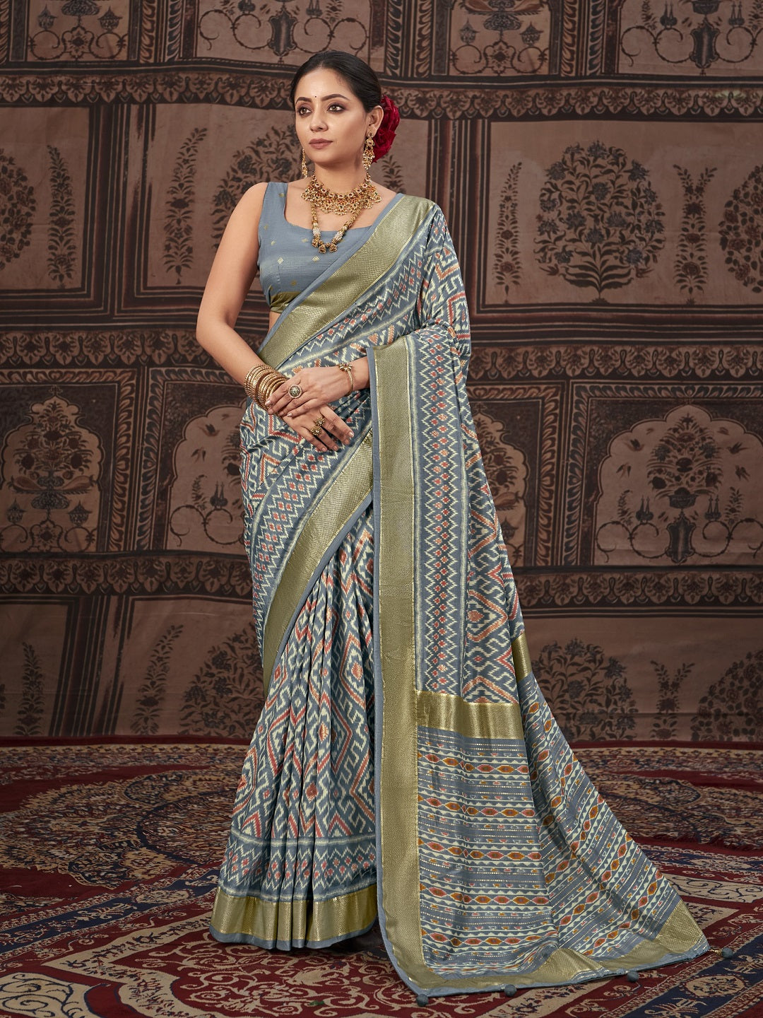 Geometric Printed Zari Border Silk Saree (Pre-Order)