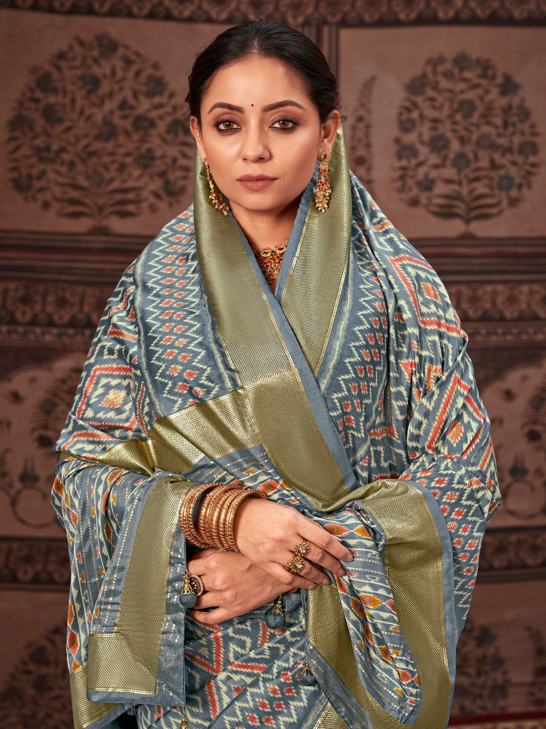 Geometric Printed Zari Border Silk Saree (Pre-Order)