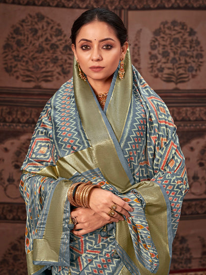 Geometric Printed Zari Border Silk Saree (Pre-Order)