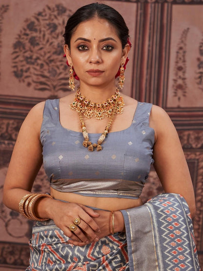 Geometric Printed Zari Border Silk Saree (Pre-Order)