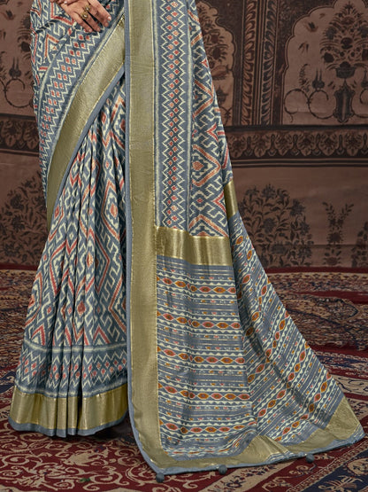 Geometric Printed Zari Border Silk Saree (Pre-Order)