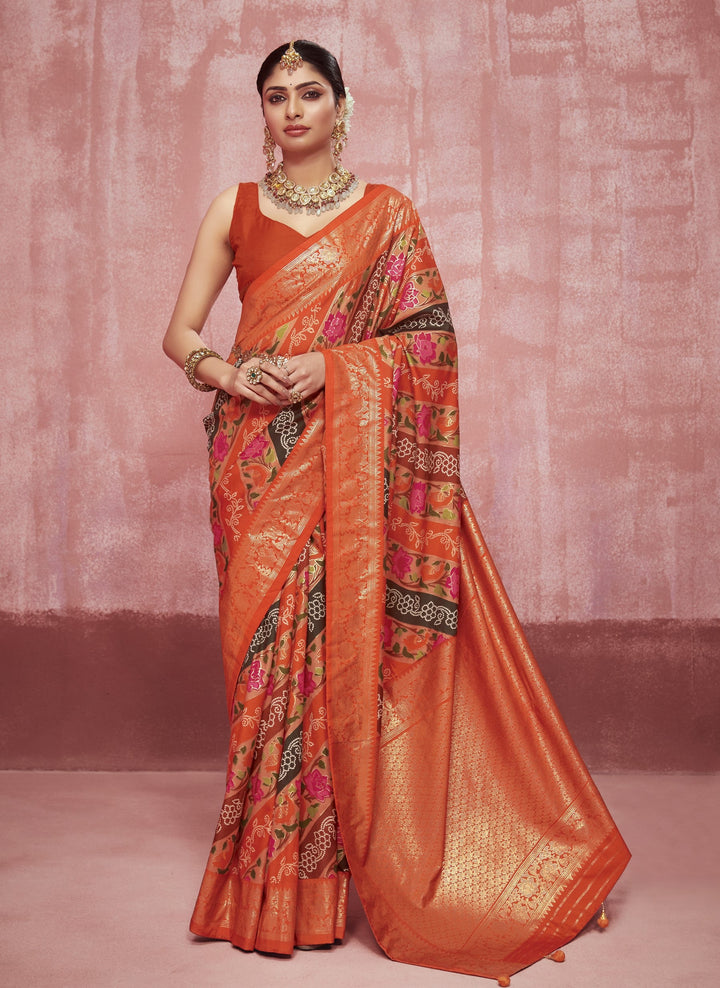Leheriya &amp; Bandhej Printed Zari Border Silk Saree