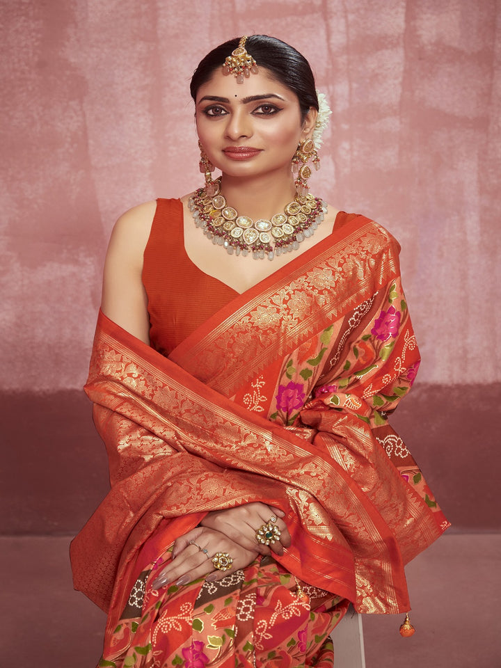 Leheriya &amp; Bandhej Printed Zari Border Silk Saree