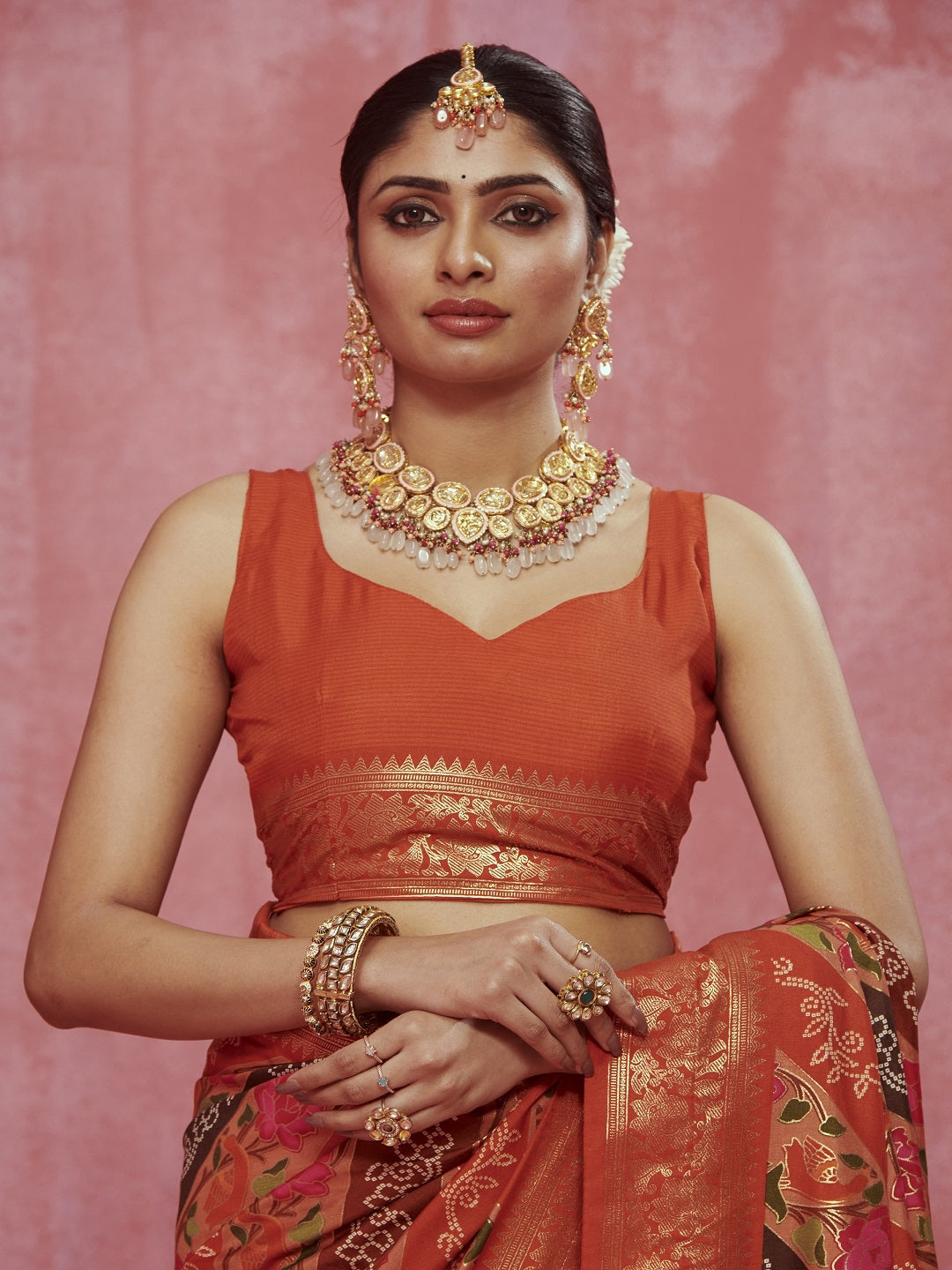 Leheriya &amp; Bandhej Printed Zari Border Silk Saree