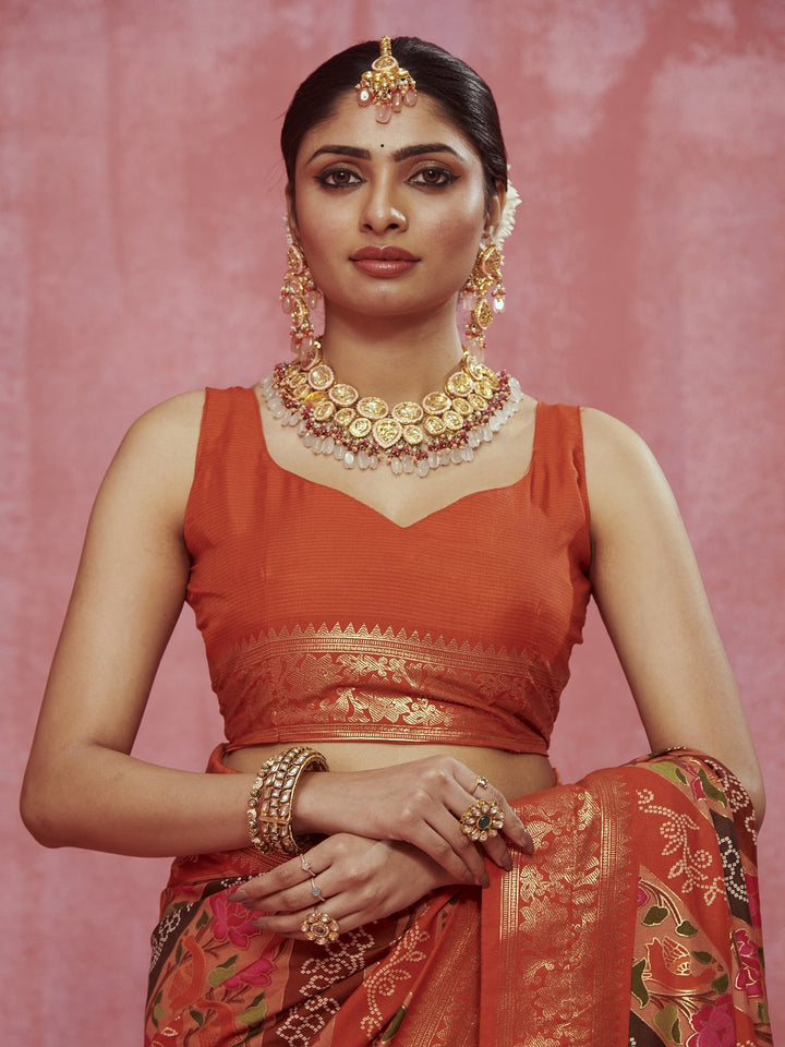 Leheriya &amp; Bandhej Printed Zari Border Silk Saree