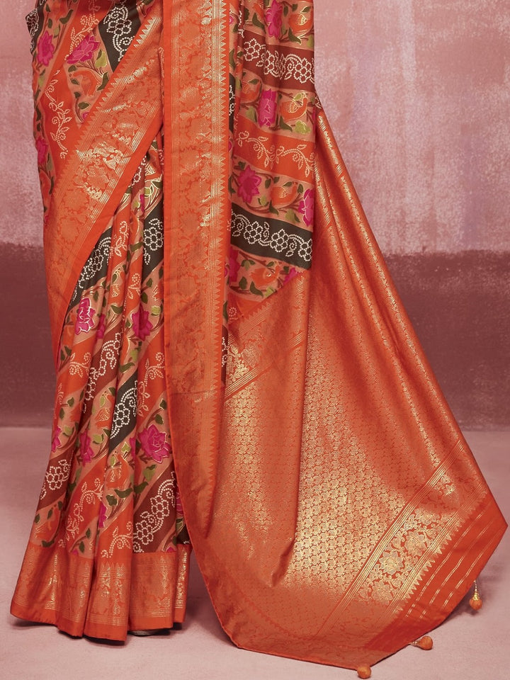 Leheriya &amp; Bandhej Printed Zari Border Silk Saree