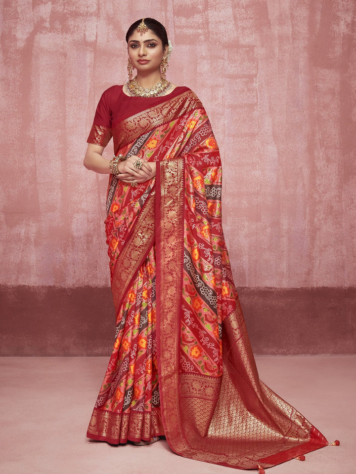 Leheriya &amp; Bandhej Printed Zari Border Silk Saree