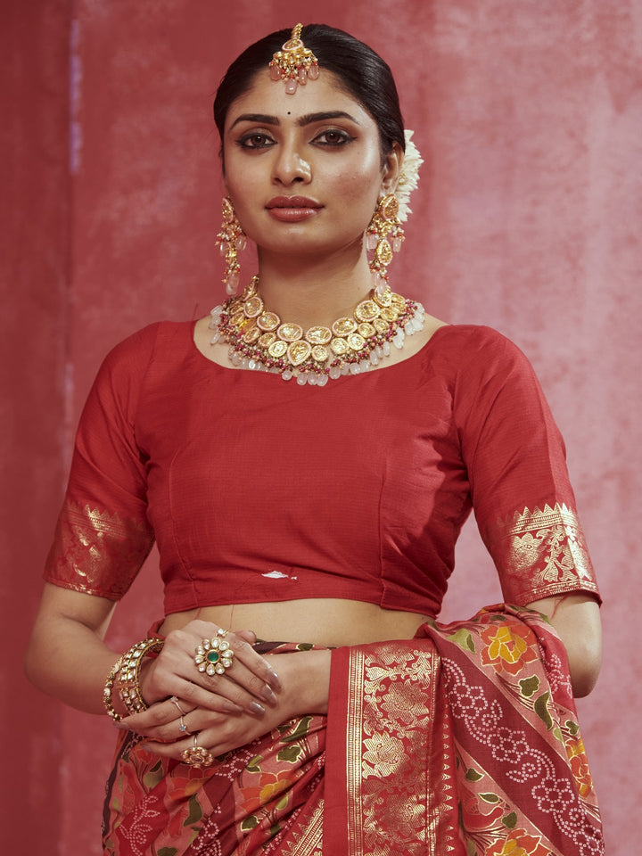 Leheriya &amp; Bandhej Printed Zari Border Silk Saree