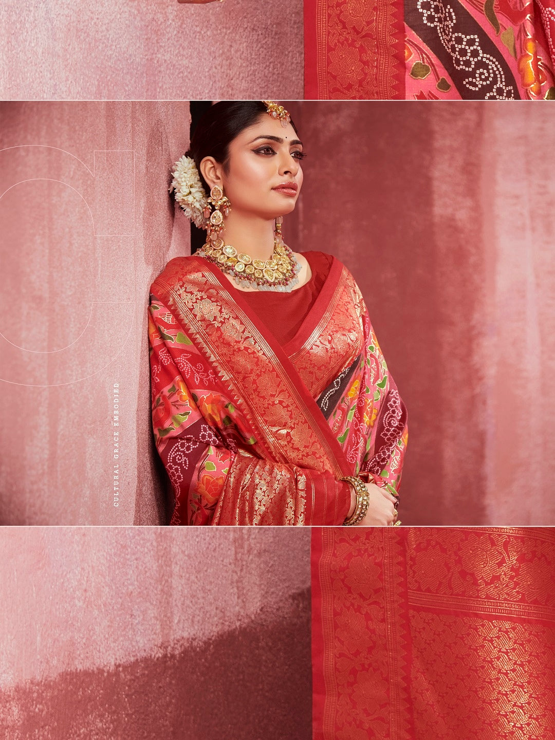 Leheriya &amp; Bandhej Printed Zari Border Silk Saree
