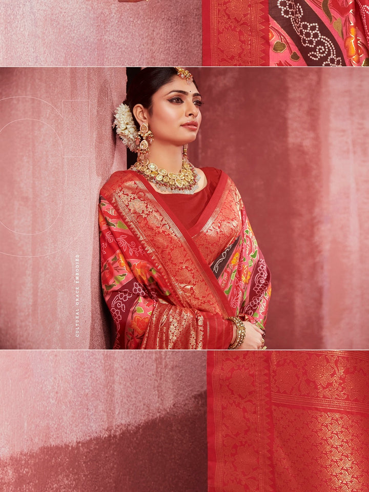 Leheriya &amp; Bandhej Printed Zari Border Silk Saree