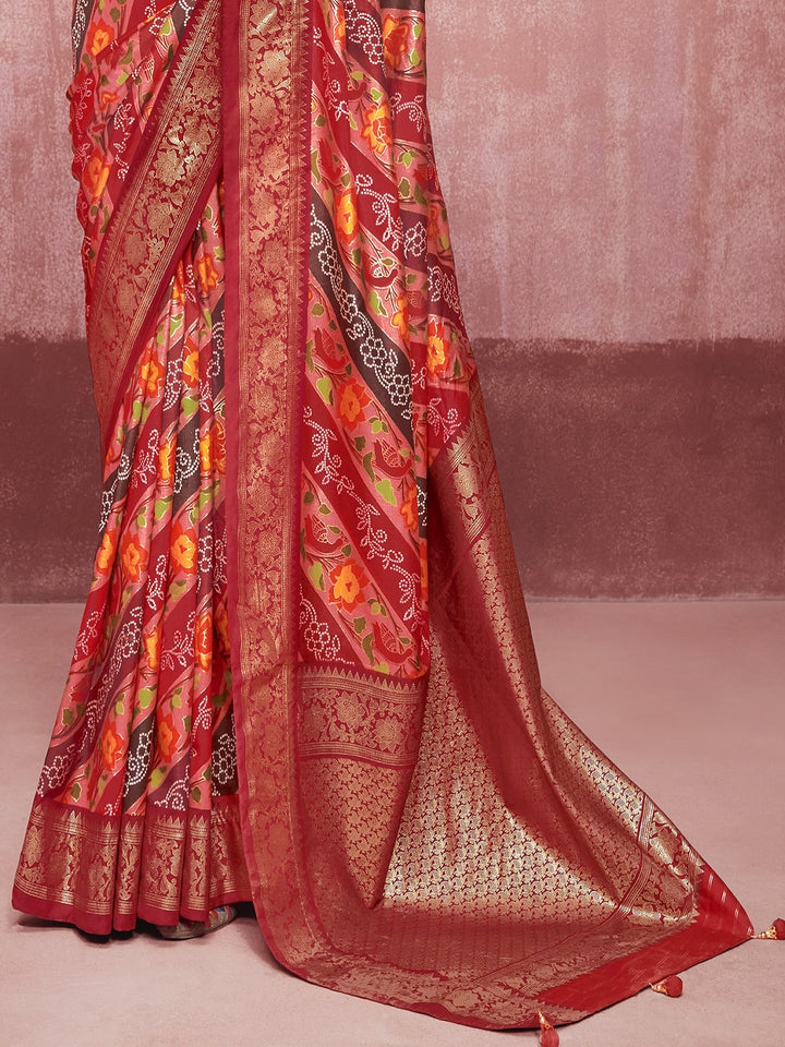 Leheriya &amp; Bandhej Printed Zari Border Silk Saree