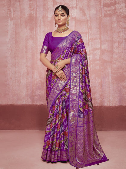Leheriya & Bandhej Printed Zari Border Silk Saree