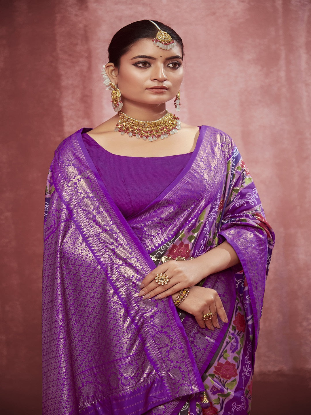Leheriya &amp; Bandhej Printed Zari Border Silk Saree