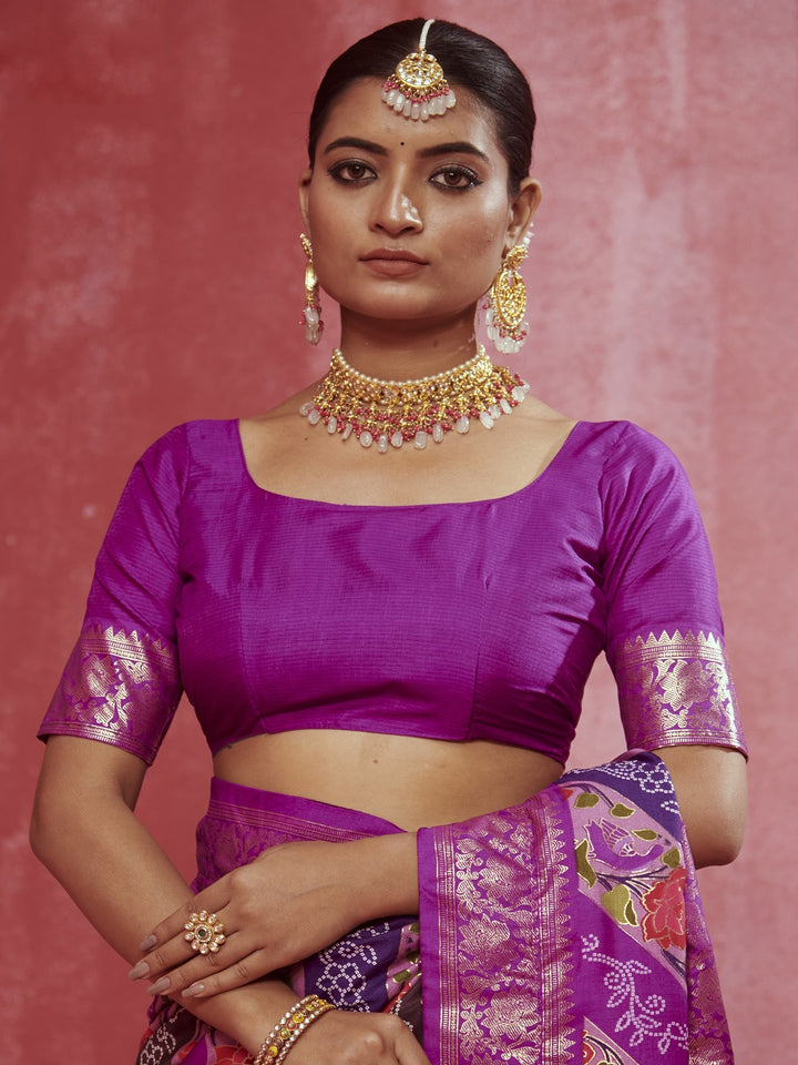 Leheriya &amp; Bandhej Printed Zari Border Silk Saree