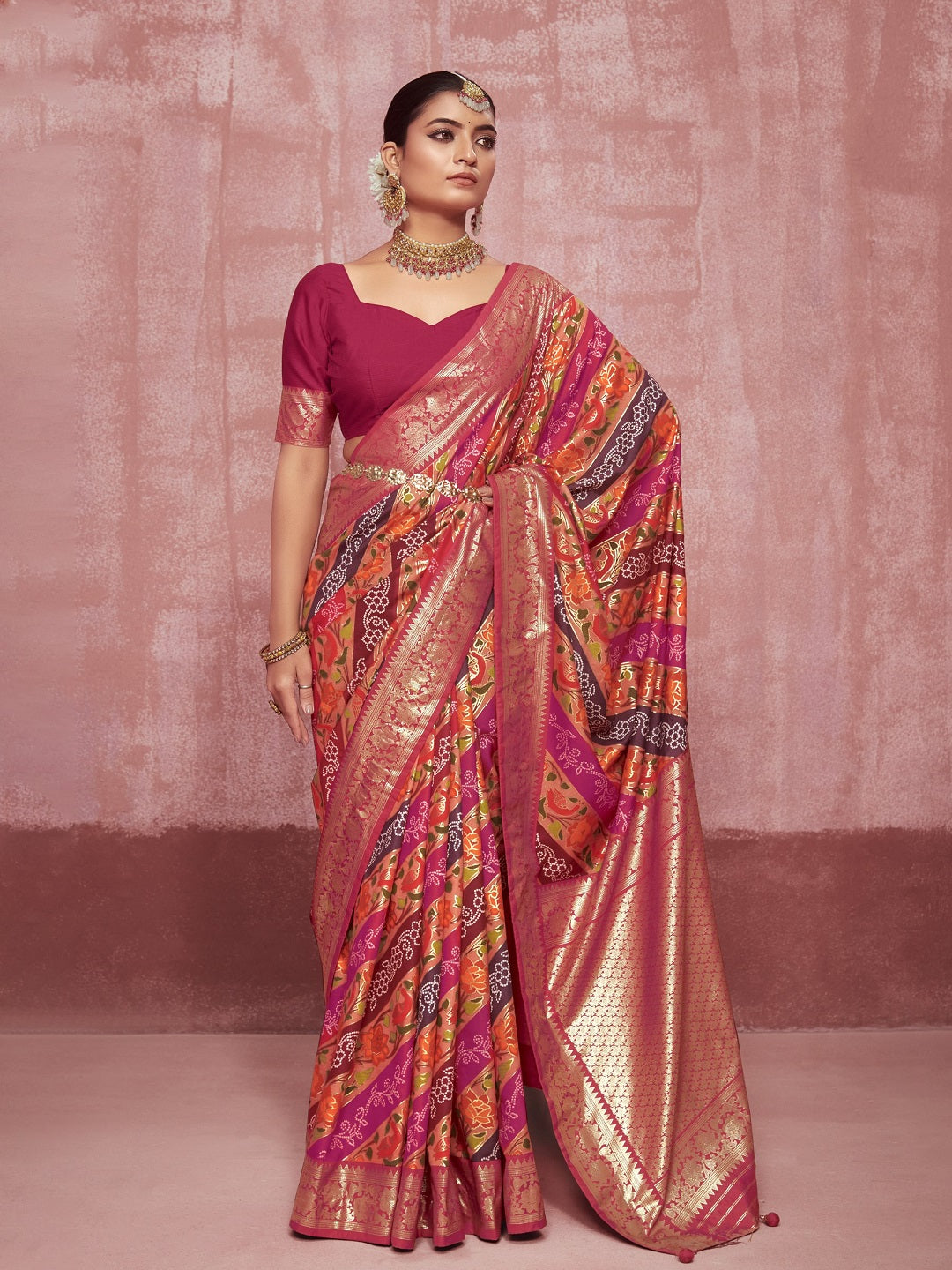 Leheriya &amp; Bandhej Printed Zari Border Silk Saree