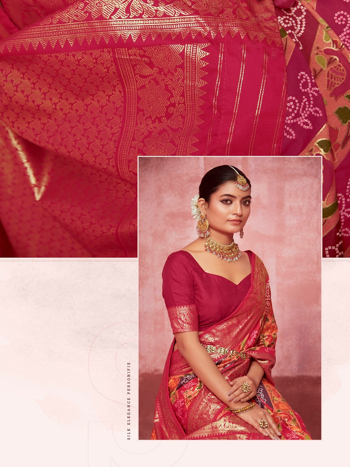 Leheriya &amp; Bandhej Printed Zari Border Silk Saree