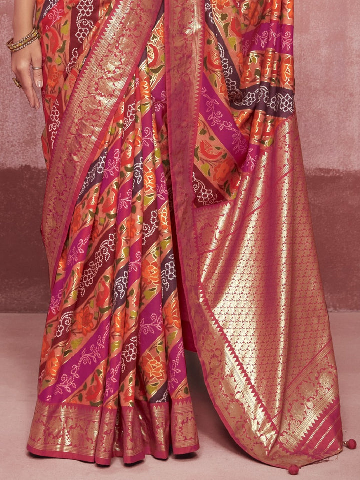 Leheriya &amp; Bandhej Printed Zari Border Silk Saree