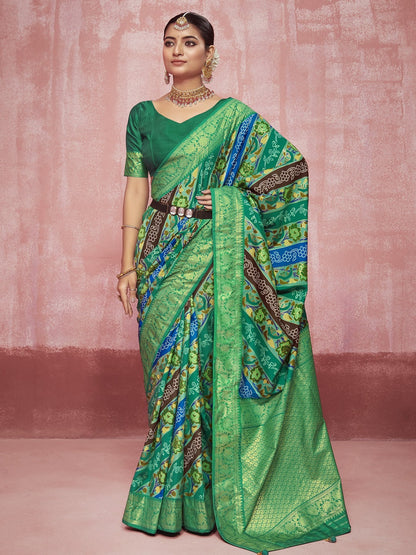 Leheriya & Bandhej Printed Zari Border Silk Saree