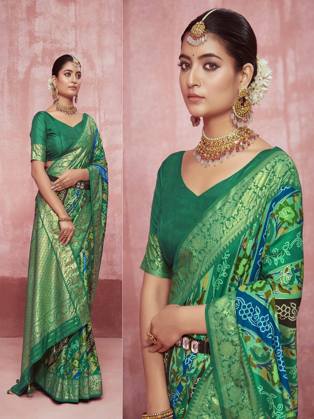 Leheriya &amp; Bandhej Printed Zari Border Silk Saree