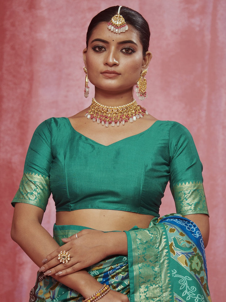 Leheriya &amp; Bandhej Printed Zari Border Silk Saree