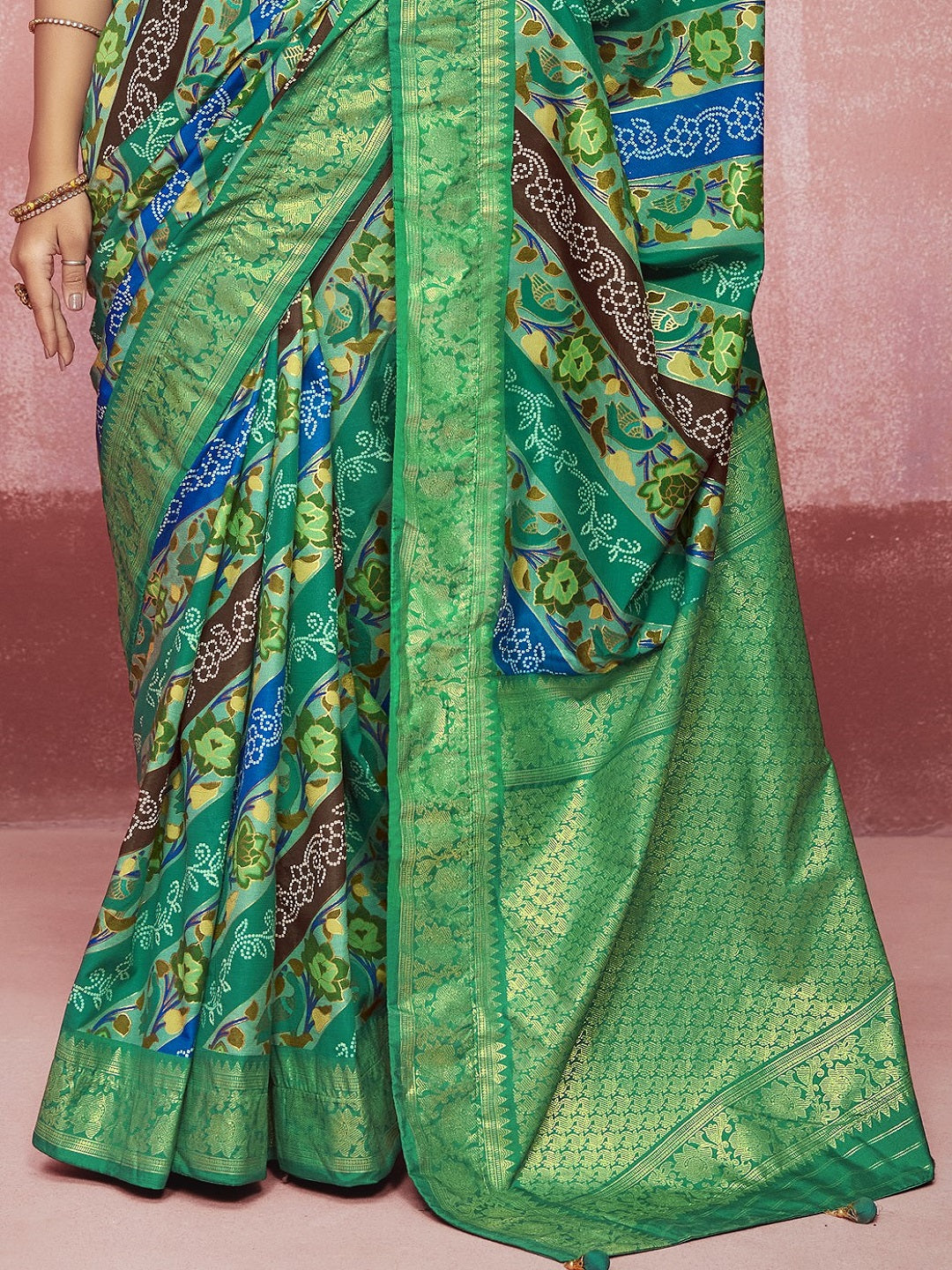 Leheriya & Bandhej Printed Zari Border Silk Saree