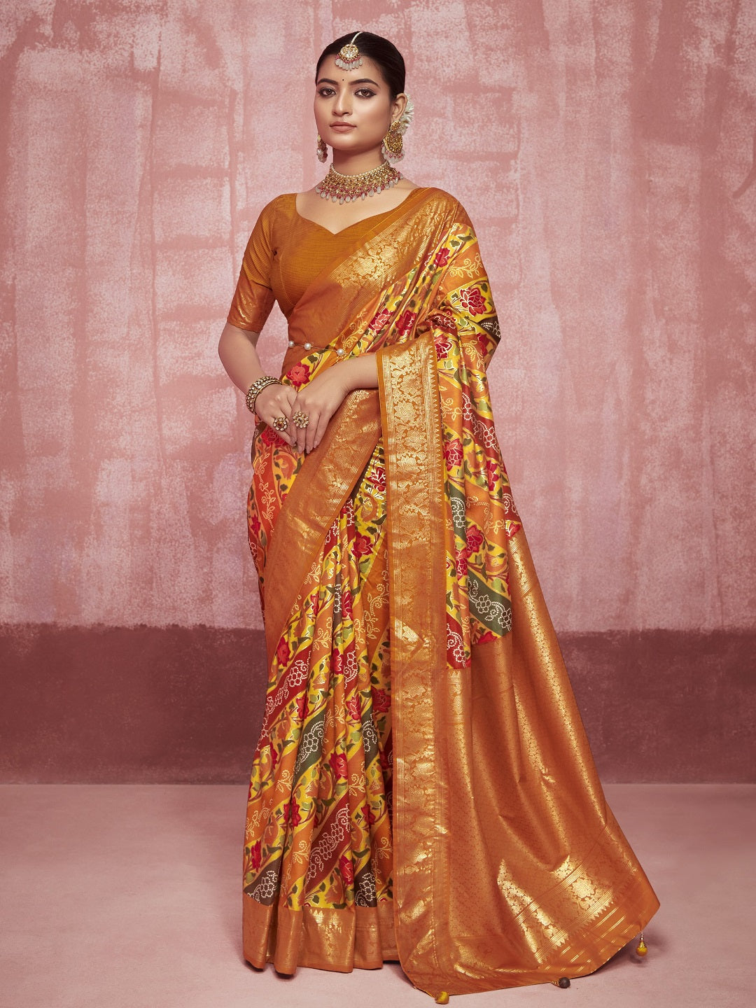 Leheriya &amp; Bandhej Printed Zari Border Silk Saree