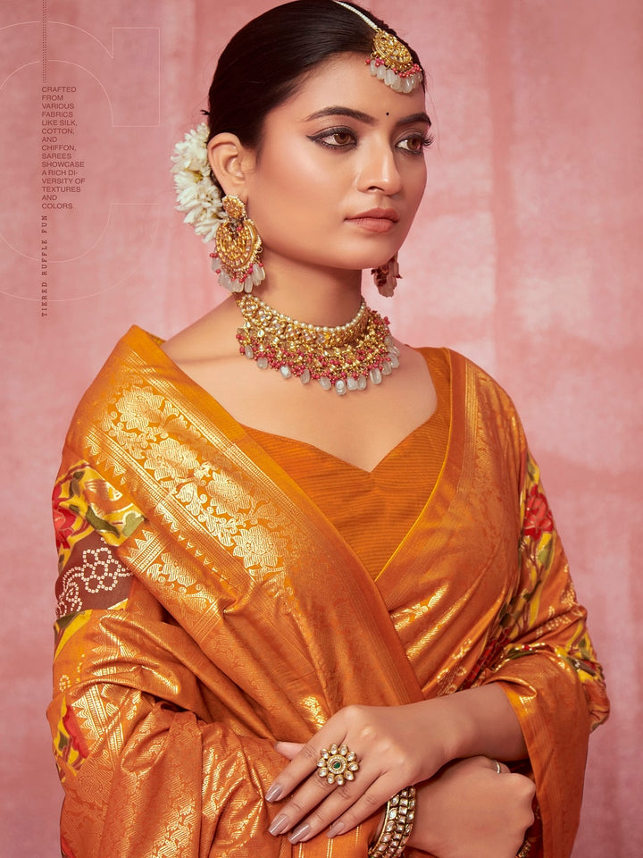 Leheriya &amp; Bandhej Printed Zari Border Silk Saree