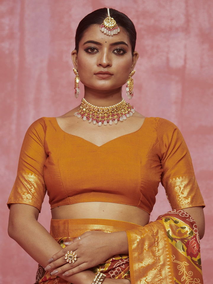 Leheriya &amp; Bandhej Printed Zari Border Silk Saree
