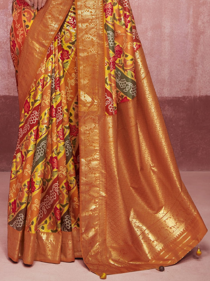 Leheriya &amp; Bandhej Printed Zari Border Silk Saree