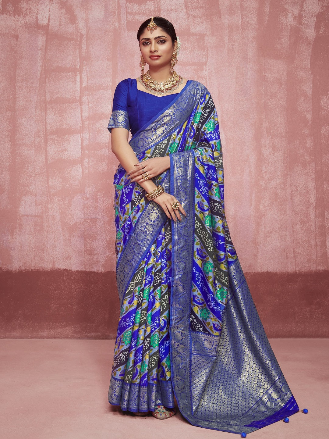 Leheriya &amp; Bandhej Printed Zari Border Silk Saree