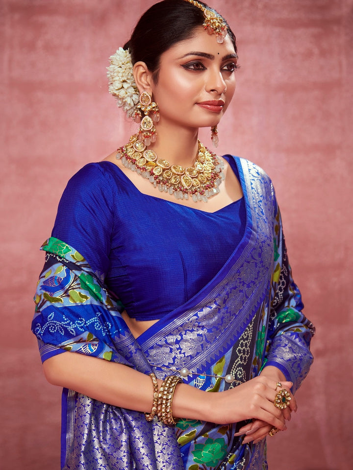 Leheriya &amp; Bandhej Printed Zari Border Silk Saree